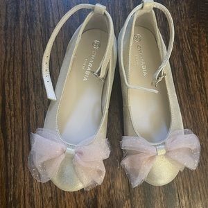 Charabia gold shimmer girls bow ankle strap flats dress shoes